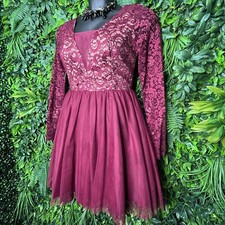DEAR MOON Dress Women 11 Wine Red Short Lace Tulle Long Sleeve Ball Party