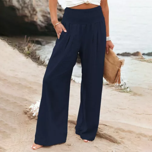 Women's High Waist Cotton Linen Trousers Ladies Casual Baggy Wide Leg Yoga - Picture 43 of 56