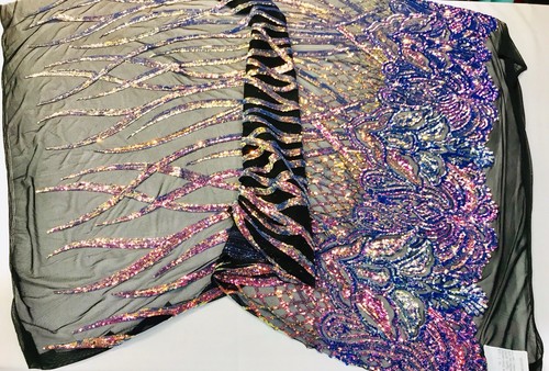 RAINBOW IRIDESCENT FLAME DESIGN WITH SEQUINS ON A 4 WAY STRETCH BLACK MESH- - Picture 7 of 8