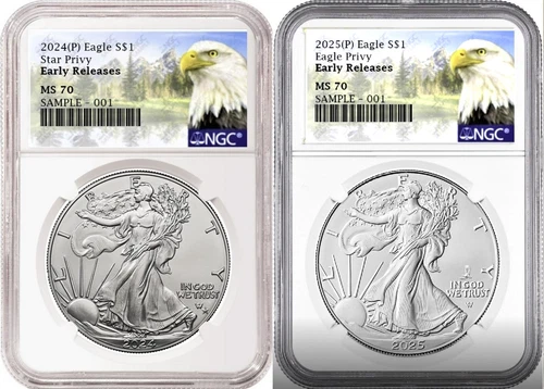 2 coin set 2024 and 2025 p silver eagle with privy ngc ms70 er mtn   presale