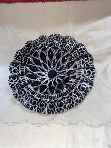 Vintage Sydenstricker Style Blown Glass Bowl Cobalt Blue Ruffled Signed - Picture 2 of 5