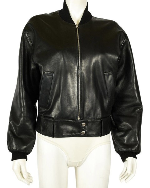 CELINE Leather Bomber Jacket Lambskin Black Size 42 Estate Fresh!