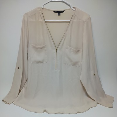 Zac & Rachel large beige Blouse with Sheer long Sleeves  3/4 zip 
