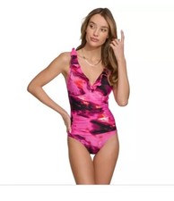 DKNY 80 Women's Ruffle Neck One-Piece Swimsuit Pink Size S