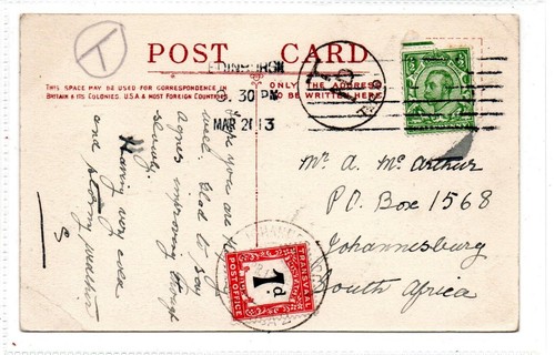 SCOTLAND - EDINBURGH: 1913 postcard to Transvaal with postage due stamp (C92744)