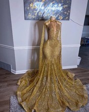 Glittler Gold Mermaid Prom Dresses Luxury Beaded with Cape Evening Party Gowns