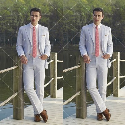 Light Blue Seersucker Men's Suits Summer Beach Wedding Casual  Lightweight 2 Pec