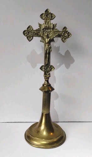 Vintage Messing Kruzifix Kirche Altarkreuz Jesus Christus INRI stehend katholisch - Bild 1 von 10