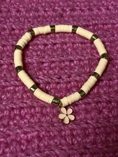 Hand Crafted Cream Clay Bead Bracelet /Gold Color Spacer-kids/junior Size