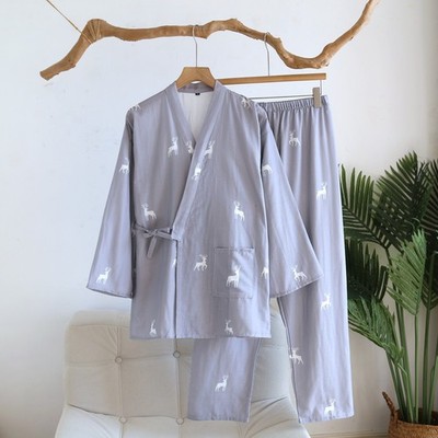 Herren Kimono Pyjama Set Grau Hirsch Print Baumwolle Loungewear Wickel Oberteil Hose