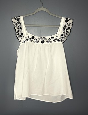 LOFT Shirt Womens 2XL White Black Embroidered Flutter Sleeve Square Neck Boho