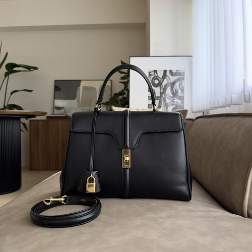CELINE Classic 16 Medium Black Satin Calfskin Leather Shoulder Bag 2WAY Auth