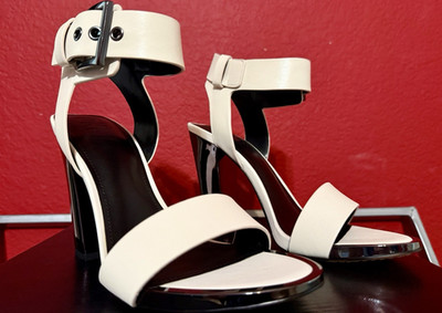 DKNY White Strappy Block Heel Ankle Strap Leather Women's Sandals