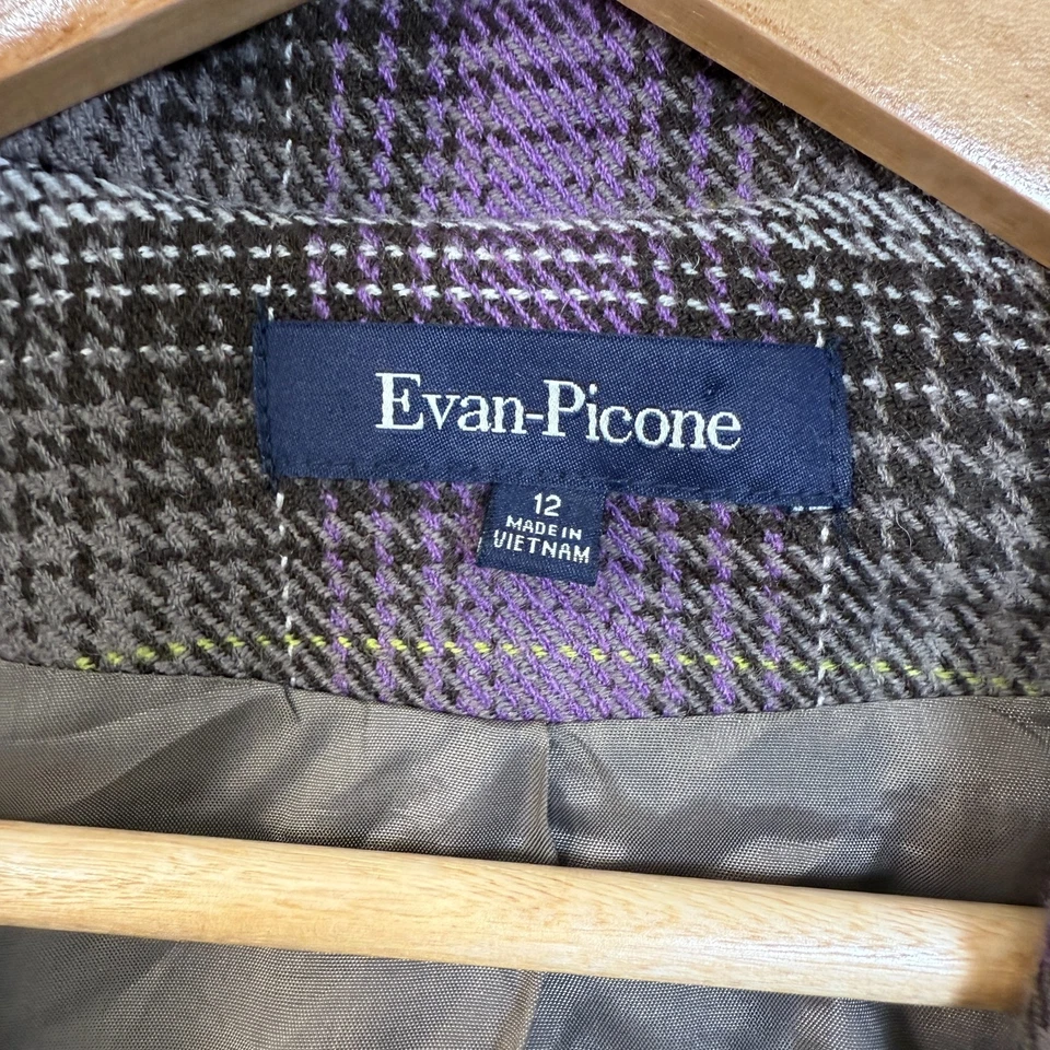 Abrigo Evan Picone Chaqueta Columpio a Cuadros Talla 12 Púrpura Gris Bolsillos Plisados Espalda Foto 2 de 4
