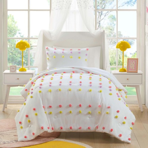 Queen Duvet Cover Set, Fun and Adorable Multi-Color Clipped Jacquard Pompom B...