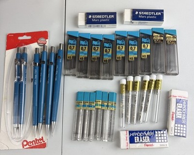 Pentel Mechanical Pencil Lot 7 w/leads & Staedtler Erasers Pencil Eraser Xtras