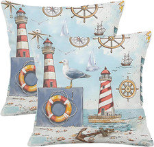 Nautical Ocean Seagull Throw Pillow Covers 18X18Inch Set of 2 Double-Sided Linen