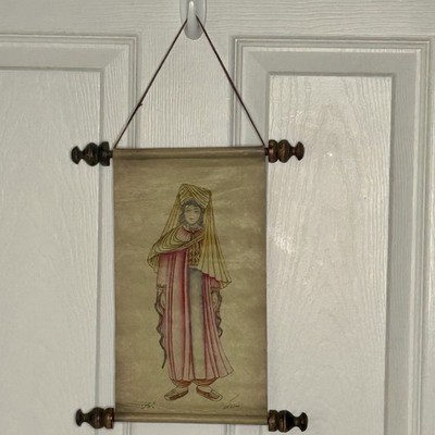 Vintage Persian Art Painting Woman On Leather Wood Scroll Wall Hanging Signed