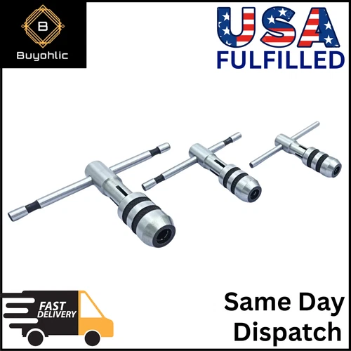 T-Handle Tap Wrench Set Of 3Pcs Solid Collet Jaws For Tapping &Reaming
