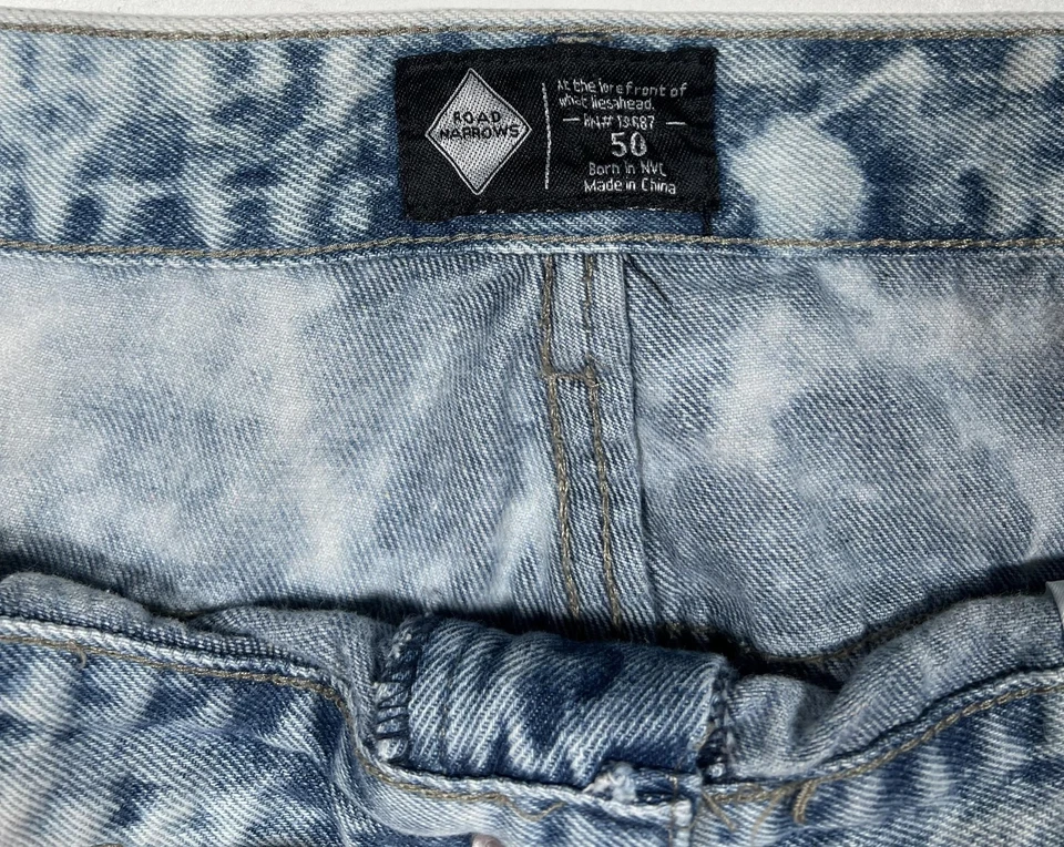 Road Narrows Jeans Mens 50 Acid Wash Distressed Moto Biker Patch Denim Pants - Image 4 of 4