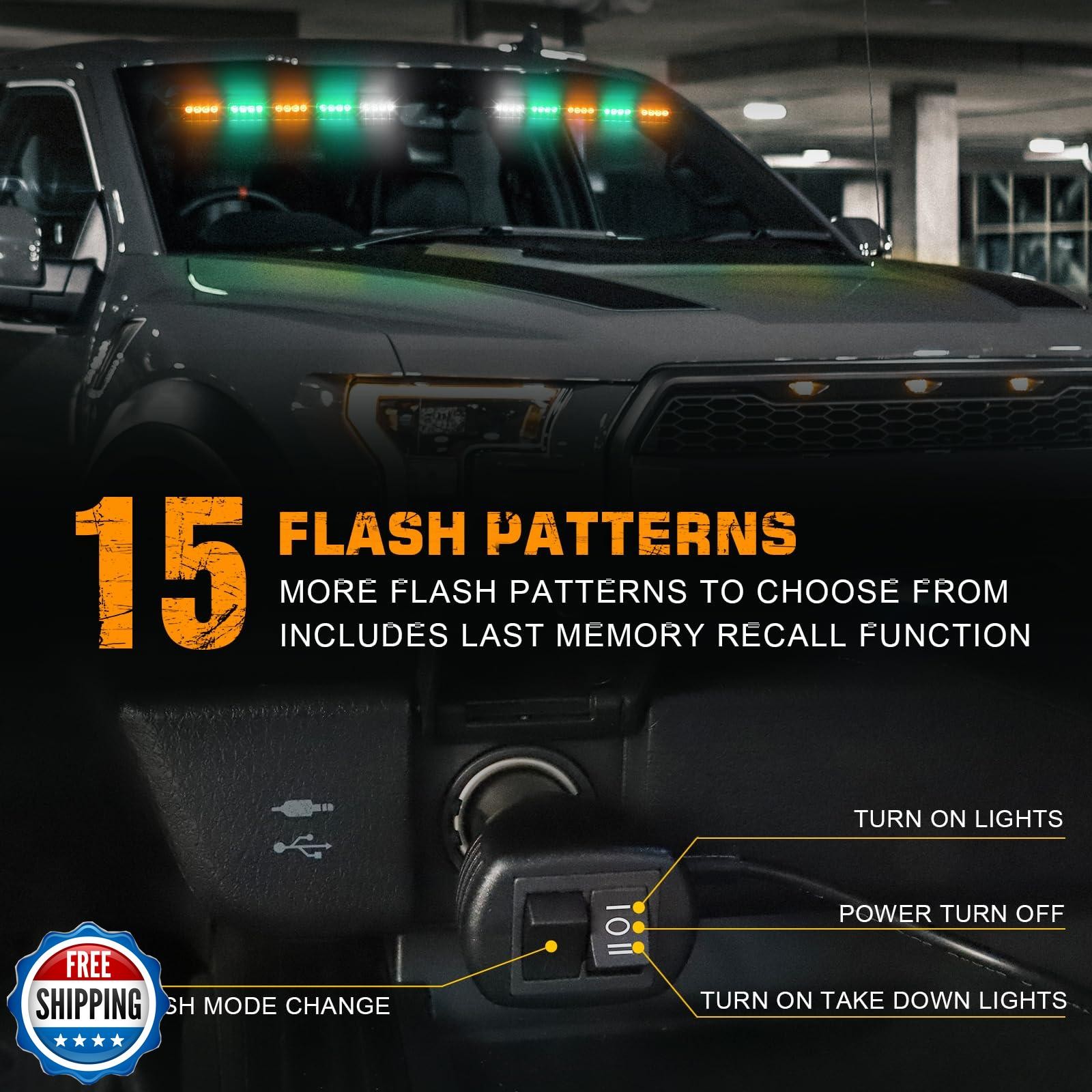 XRIDONSEN 34 inch Amber Green White Emergency Visor Strobe Lights 40 LED Warn