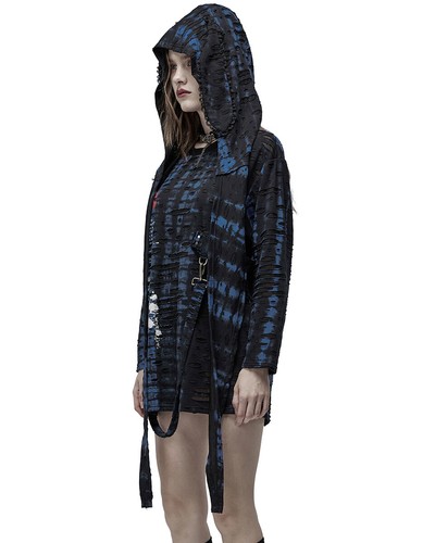 Punk Rave Womens Shredded Gothic Grunge Sweater Top With Scarf Hood Black Blue - Picture 8 of 13