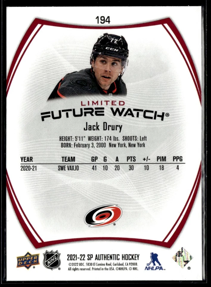 2021-22 Sp Authentic limited red Future watch Jack Drury Rookie #194 H4R2I - Image 2 of 2