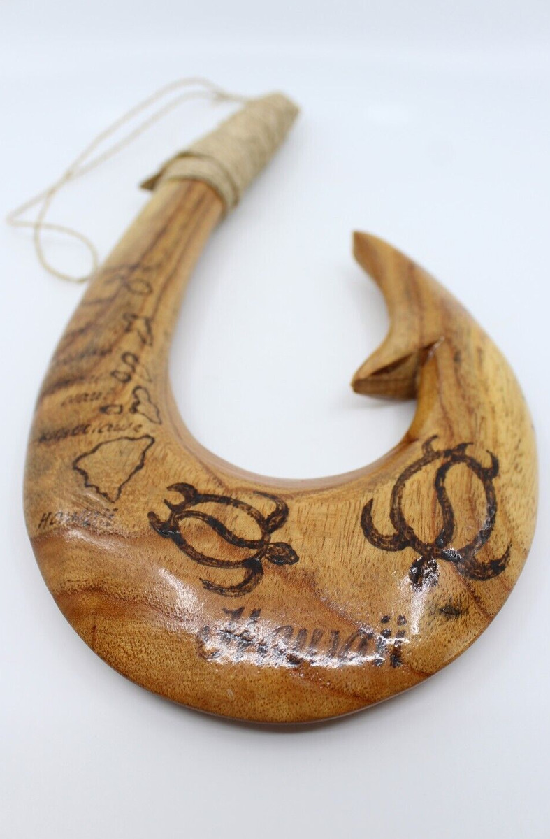 Hawaiian Fish Hook Hand Carved Wood Hanging Decoration - Burned Art, Turtles