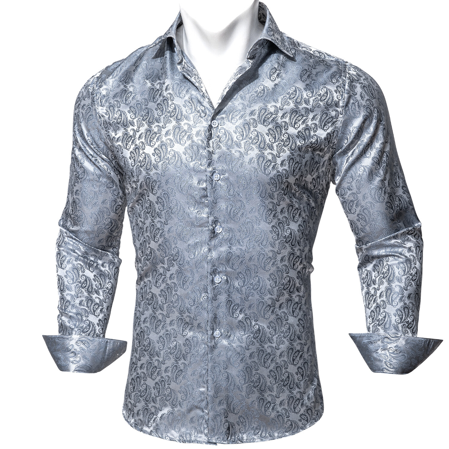 Mens Dress Silk Shirt Long Sleeve Red Blue Paisley Casual Button Down