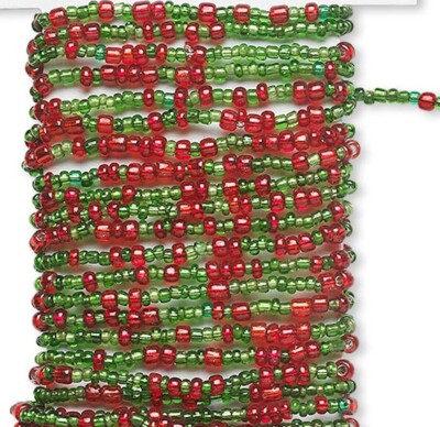Beaded Wire, 15 Feet Pre-Strung Silver Lined Red & Green Glass Seed Beads *