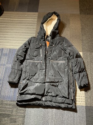 Sam Edelman Womens Medium Hooded Down Long Parka Zippers Faux Fur