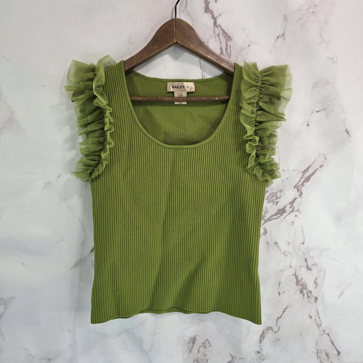 Bailey 44 Top Womens Medium Neon Green Ribbed Tulle Sleeve