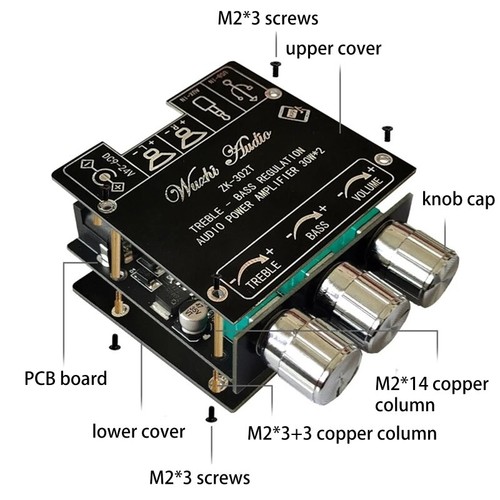 ZK-302T 30W×2 Bluetooth 5.2 Audio Amplifier Board: Tone Controls, Aux + USB in - Picture 2 of 7
