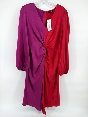 Strut & Bolt Dress Medium Colorblock Red Pink Ruched Midi Stretch Satin