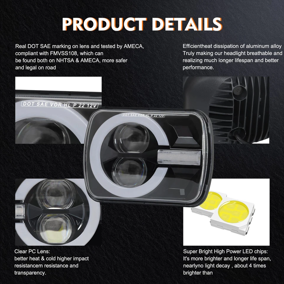 Faro LED halo DRL 5X7" 7X6" para camioneta Chevy El Camino 1978-1981 Malibu LUV Foto 3 de 4