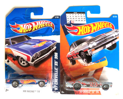 HOT WHEELS LOT TWO '69 CHEVELLE SS 396 BLUE HW RACING  AND GRAY LEAP  YEAR NIP