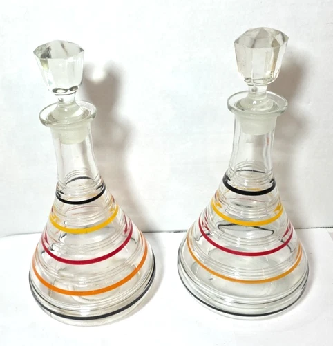 Vintage Anchor Hocking Banded Rings Glass Multi-Color Decanter Lot of (2) 11.25"