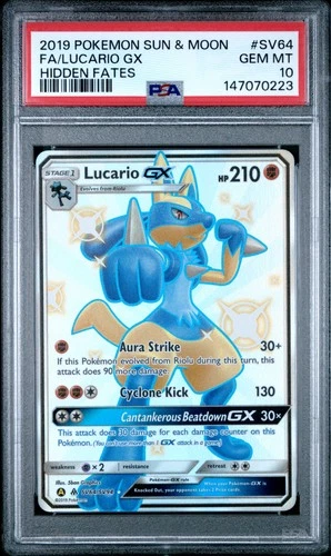 2019 POKEMON SUN & MOON HIDDEN FATES #SV64 FULL ART/LUCARIO GX PSA 10