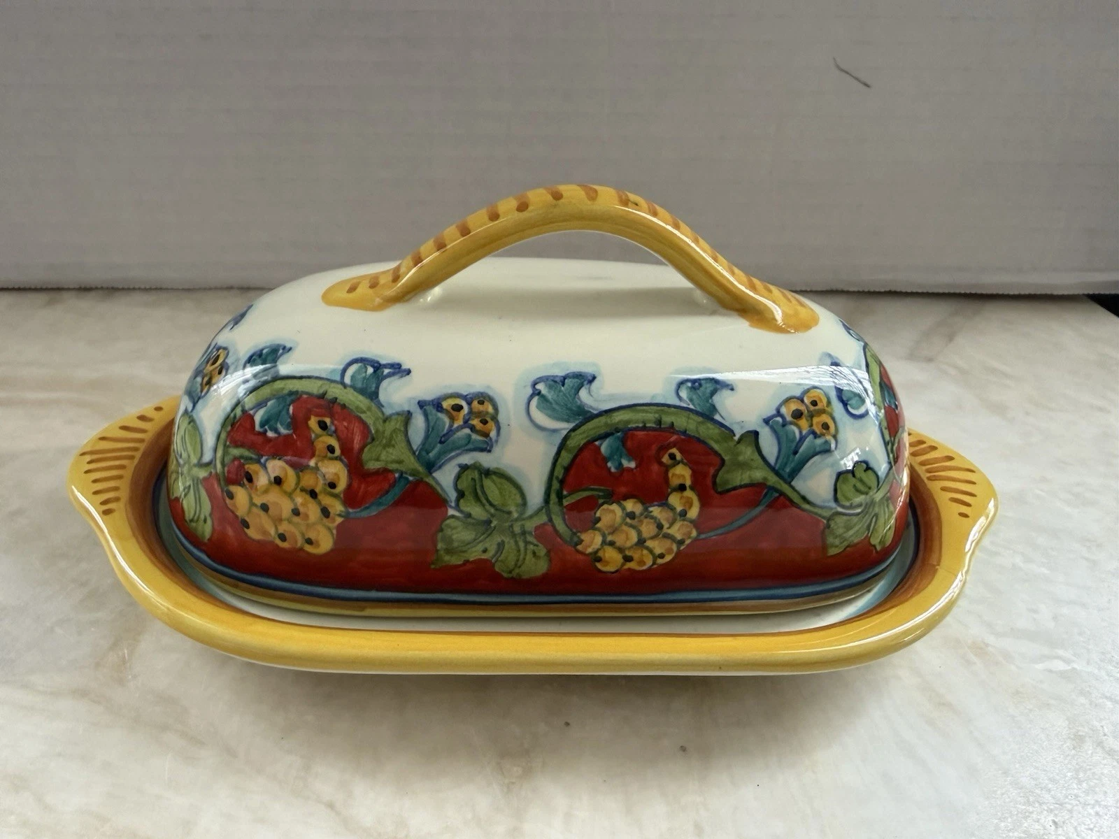 Vintage Deruta Italy Hand Painted Ceramic Butter Dish with Lid - M.O.D. Majolica