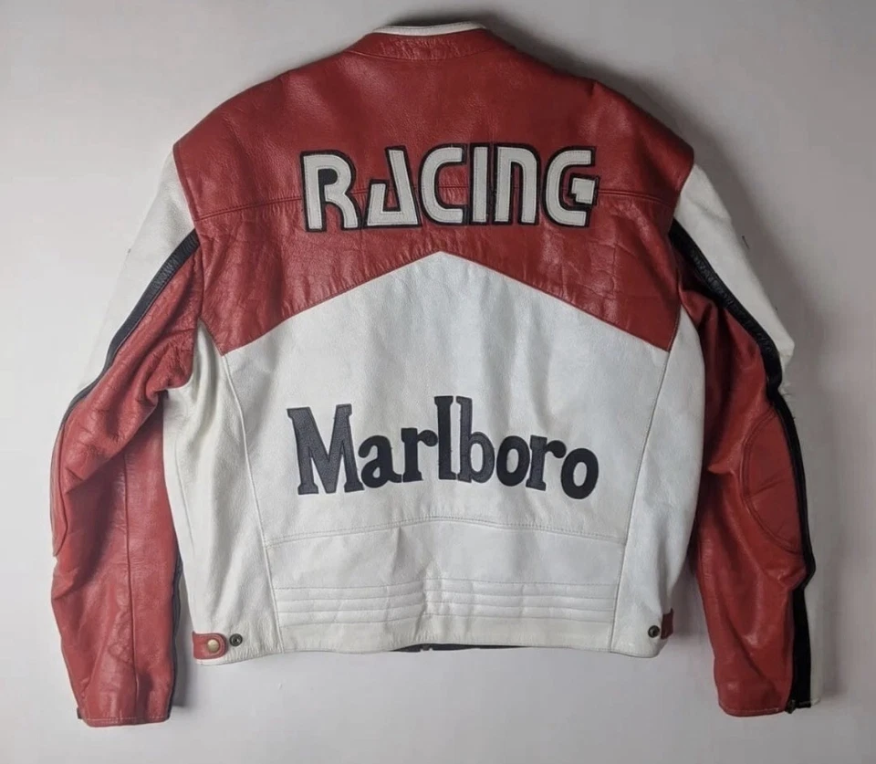 Mens 90s Windproof Marlboro Vintage Motorcycle Racing Biker Cow Leather Jacket - Image 2 of 4