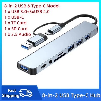 8 in 2Port USB-C Hub Adapter - 5G Speed Multi Splitter for PC, Laptop & MacBook