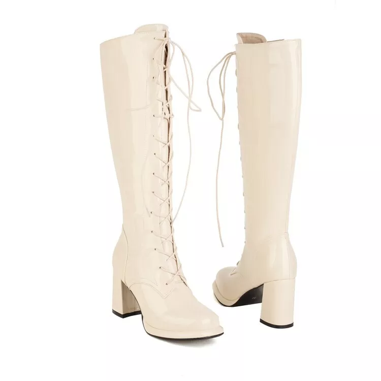 Shiny Patent Leather Zip Up Knee High Boots Womens Block Shiny Patent Leather Zip Up Knee High Boots Womens Block