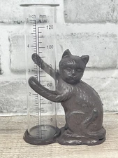 Cast Iron Cat Holding Glass Rain Gauge 5" Container Outdoor Tabletop Porch Decor