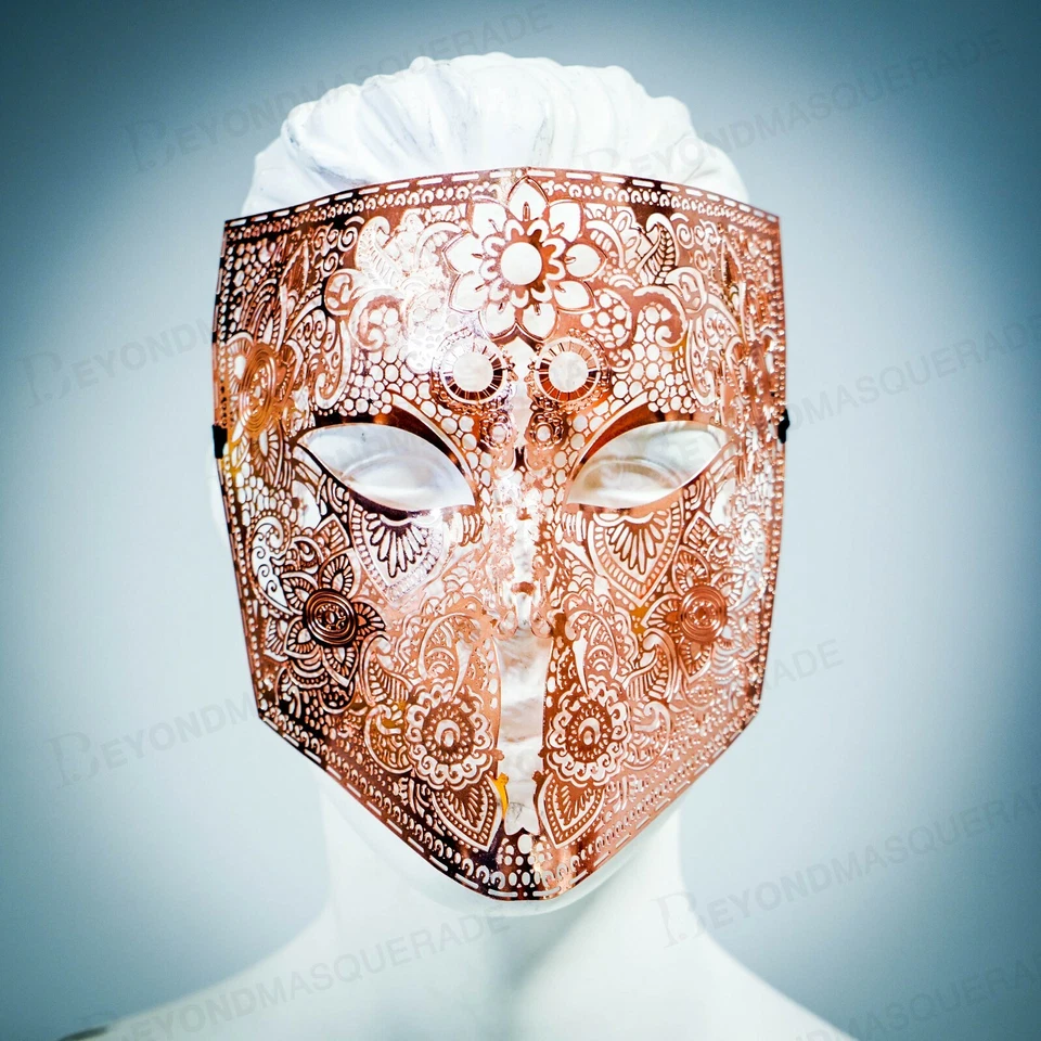 Mens Metal Bauta Venetian Laser-Cut Filigree Metal Masquerade Mask [Rose Gold] - Image 2 of 3