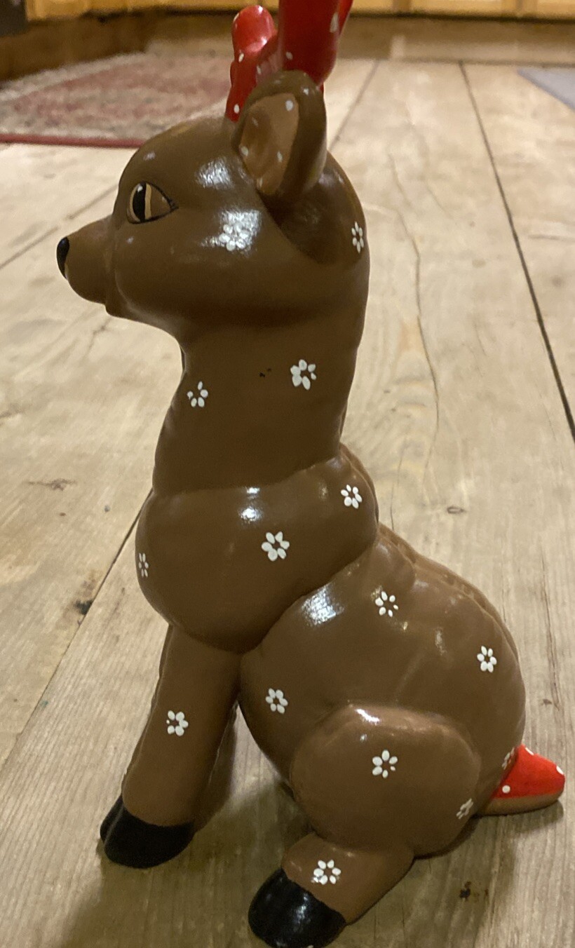 VTG Xmas 2 Deer Kimble Mold Quilted Ceramic Hand painted 10”-4” White &Brown