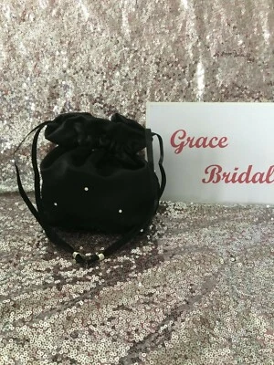 BLACK DUCHESS SATIN DOLLY BAG BRIDAL B/MAID PROM FLOWER GIRL *UK MADE/SELLER*