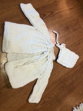 unused hand made knitted baby sweater and bonnet hat white
