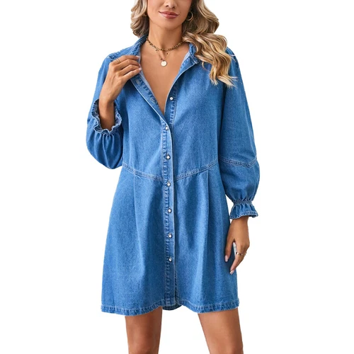 Women's Denim Dress Long Sleeve Babydoll Cute Casual Raglan Sleeve Skater Dress - Foto 3 di 37