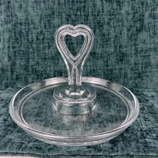 Vintage Pressed Glass Heart Handle Tidbit Trinket Ring Dish Vanity Tray 6”