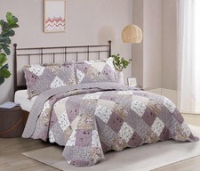 Brilliant Sunshine Lilac and Beige Rose Patchwork, 3-Piece Quilt Set with 2 S...